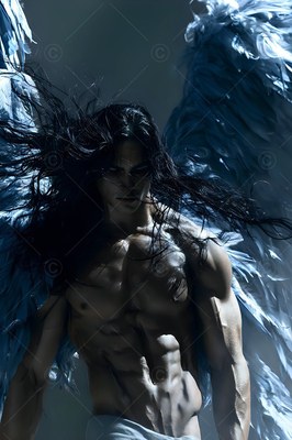 A shirtless man with long black hair and pale blue wings