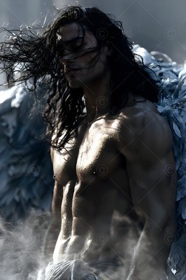 Long dark hair blows across the face of a bare-chested winged man standing in smoke