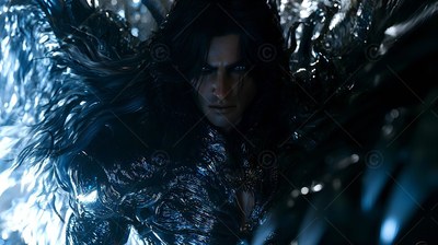 A dark-haired man glares forward from dark wings, lit by cool blue light behind him