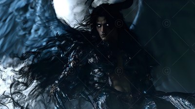 A horned man with dark wings and bright white eyes stands in cold blue light
