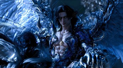 In a dark cavern, a winged man sits in blue armor with black horns