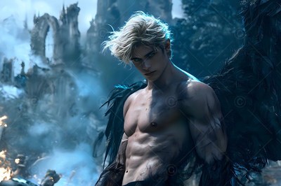 Standing before stone ruins, a shirtless blond man with black wings looks forward