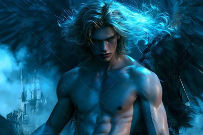 Blond windblown hair frames a bare-chested winged man before a ruined castle in blue mist