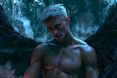 A shirtless man with dark black wings looks downward under cool blue moonlight