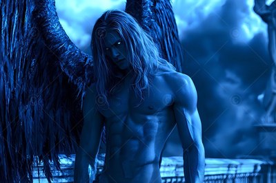 A shirtless man with dark wings is standing outside under a cold blue sky