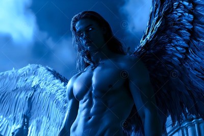 Under a dark blue sky, a shirtless winged man looks forward with bright eyes