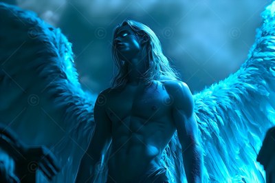 Looking up into blue light, a winged man with a bare chest with long hair spreads his wings