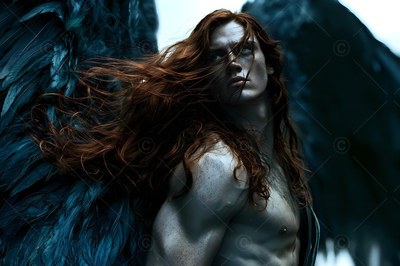 A shirtless man with long red hair and dark large feathered wings looking up
