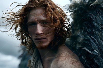 Long red hair blows across the face of a winged man against cold gray clouds