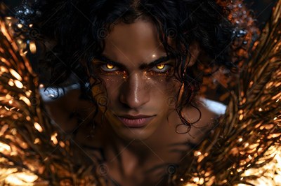 A dark-haired winged man stares forward with bright golden eyes