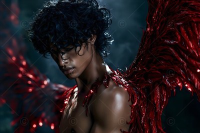 Turned sideways in dark mist, a shirtless man looks down with red wings
