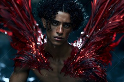 A curly-haired man looks forward with large red large feathered wings behind him