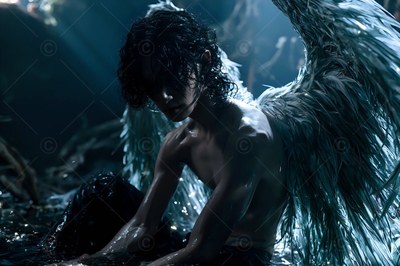 In dark murky water, a shirtless winged man crouches under dim blue light