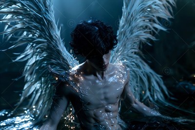 Sitting in dark water, a shirtless man rests with feathered wings raised