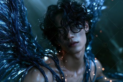 Young man with wet dark hair and blue metallic wings in dim light