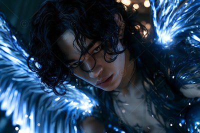 Curling black hair falls over a winged man in a dim room filled with blue light