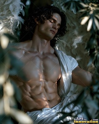 Reclining among leafy branches, a muscular winged man rests with closed eyes