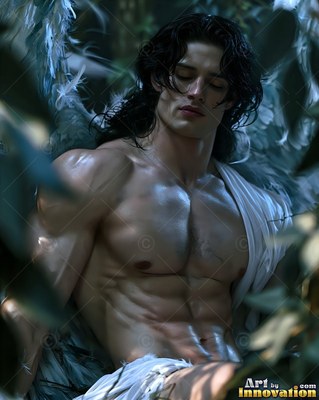 A shirtless man with dark hair rests with soft white wings covered in feathers