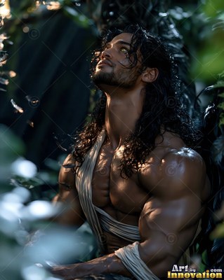 Muscular man with long dark curls looking up outside