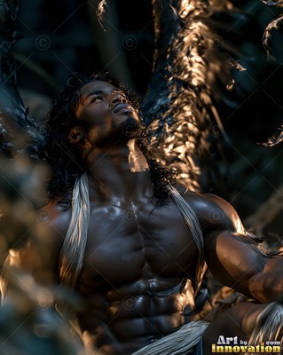 A muscular man with dark wings looks upward as warm light shines on his chest