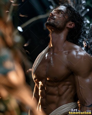 Turned in profile in the dark, a muscular man looks upward into warm light