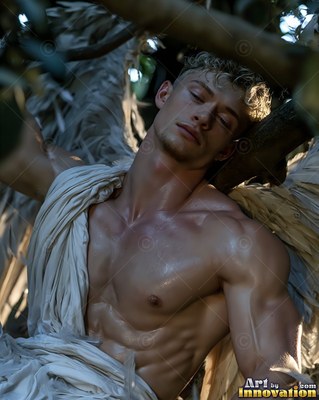 A muscular blond man rests in tree branches wrapped in white cloth