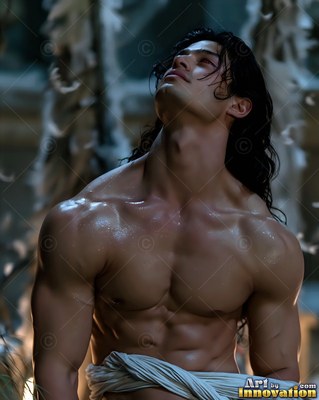 Wet black hair clings to a muscular man looking upward in a shadowy stone courtyard