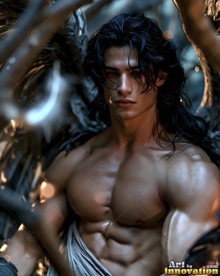 A muscular man with dark wings looks forward with soft light on his bare chest