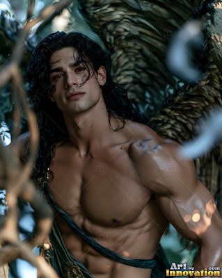 A shirtless muscular man with dark wet hair and huge feathered wings stands in the woods