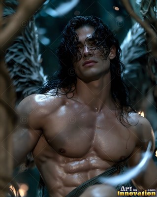 In dark woods, a muscular man with a bare chest with long wet hair rests between wings covered in feathers