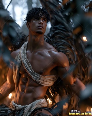 Standing in soft light, a muscular winged man wears a light cloth sash in a dark forest