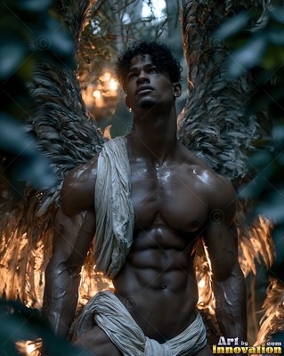 Muscular man with wings in a draped sash standing in a forest