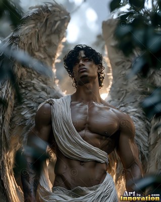 Draped in a white sash, a muscular man with wings stands in a sunlit forest