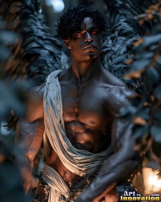 A winged man stands shirtless in the forest with soft warm light on his skin