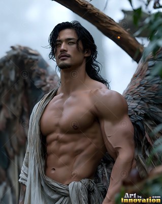 Standing half-turned in a cloudy forest, a muscular winged man looks to the side