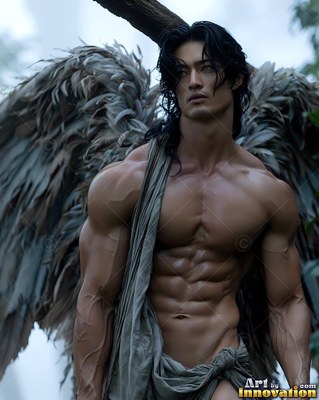 A muscular man with gray wings of plumage stands outdoors in draped cloth