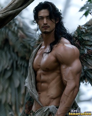 In a misty forest, a muscular winged man stands shirtless with long black hair