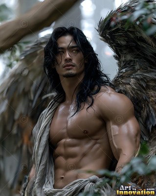 Standing in a misty forest, a muscular man with wings looks aside with brown eyes