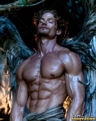 Muscular winged man with closed eyes stands in soft light