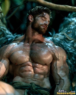 Reclining in the dark woods, a muscular winged man rests with closed eyes