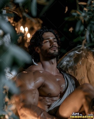 Muscular man with wings resting his head back by leaves