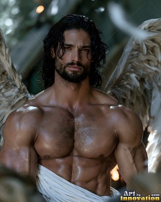 Dark wavy hair frames a shirtless muscular angel man with wings covered in feathers outdoors