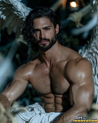 Sitting forward in dark shadows, a man with no shirt rests with white wings behind him
