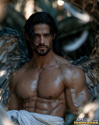 A shirtless, muscular man with dark hair and feathery wings looks forward