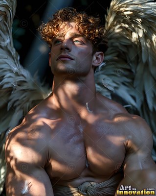 Curly brown hair frames a muscular winged man sitting in soft shadow with beige feathers