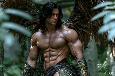 In a green forest, a muscular man with brown feathered wings looks to the side
