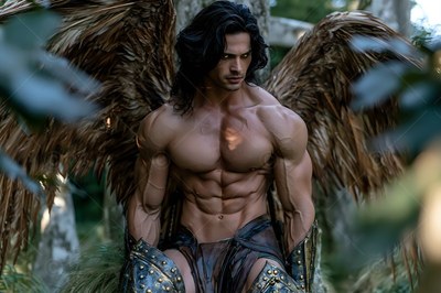 Standing in a forest, a muscular winged man wears dark leather armor