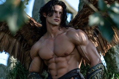 Broad-shouldered man with brown feathered wings stands outside