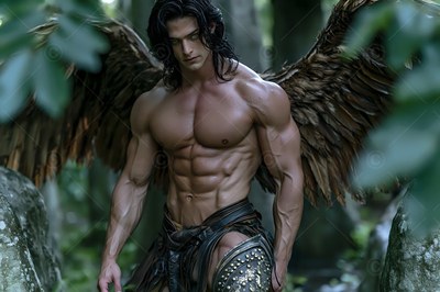 Dark wings covered in feathers spread behind a broad-shouldered man standing in a dim forest among mossy stones