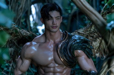 A broad-shouldered man with wings stands in a dim forest, cool blue light touching his bare chest